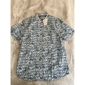 Flag & Anthem Shark Print Shirt Summer Short Sleeve Size‎ M  Button Front Fish